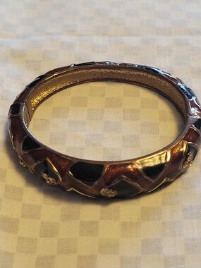 Vtg Black & Brown Gold Tone Hinged Bangle Bracelet w Geometric Rhinestone Panels